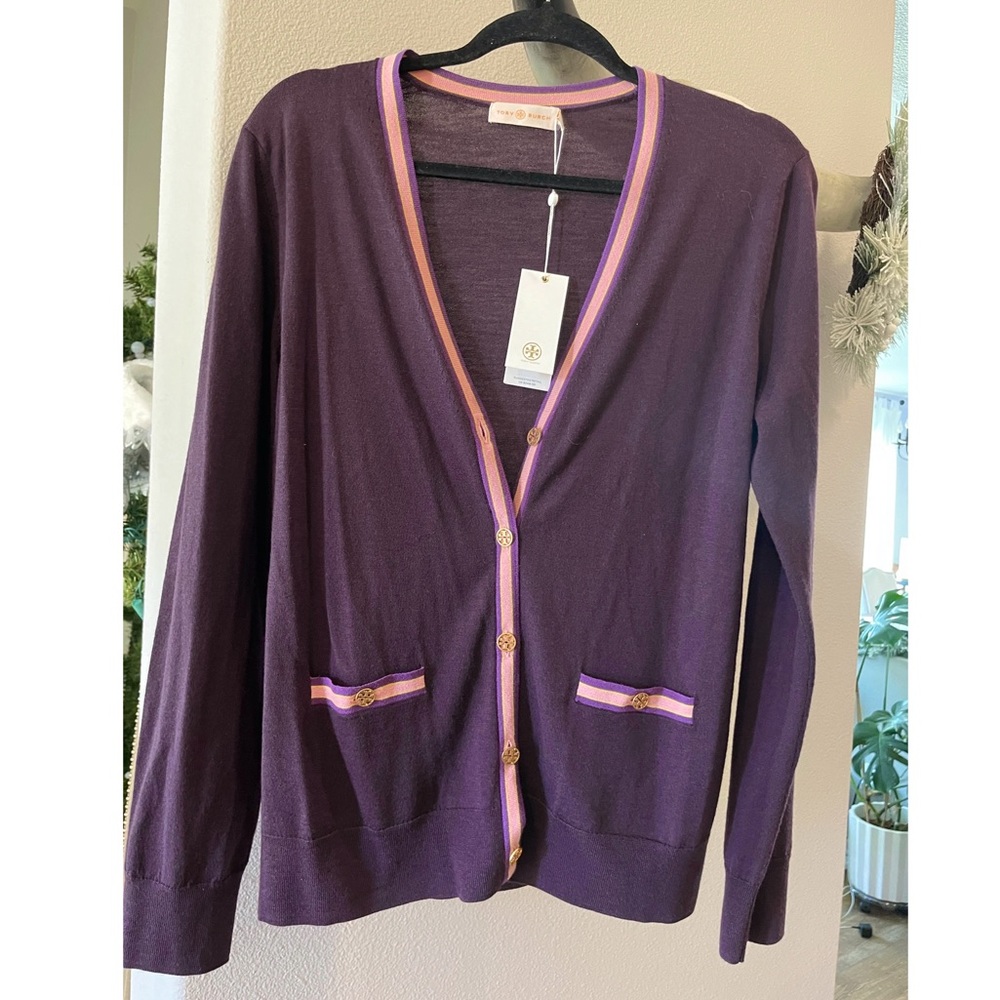 Womens Tory Burch Color Block Madeline Sweater Cardigan Dark Purple/Pink